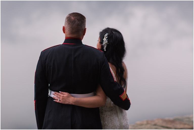 Newlywed portraits at a Blue Ridge Parkway mountain view sunset overlook after their Virginia elopement