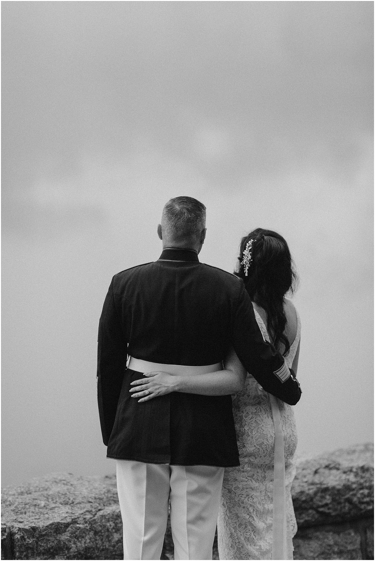 Newlywed portraits at a Blue Ridge Parkway mountain view sunset overlook after their Virginia elopement