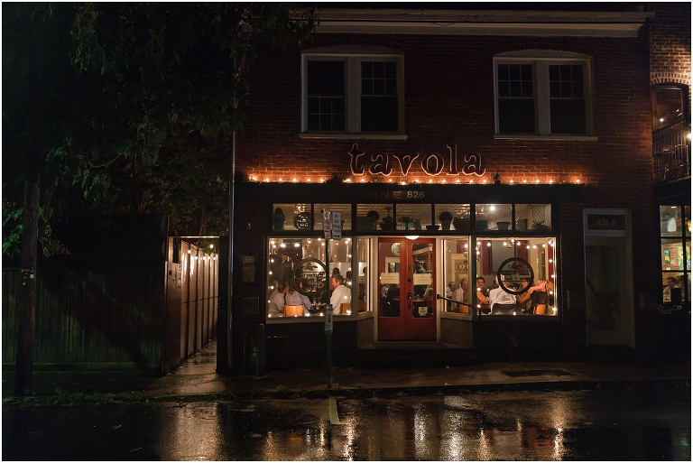 Tavola in Charlottesville, Virginia, a pizza kitchen with lights on the outside that reflect in the rain