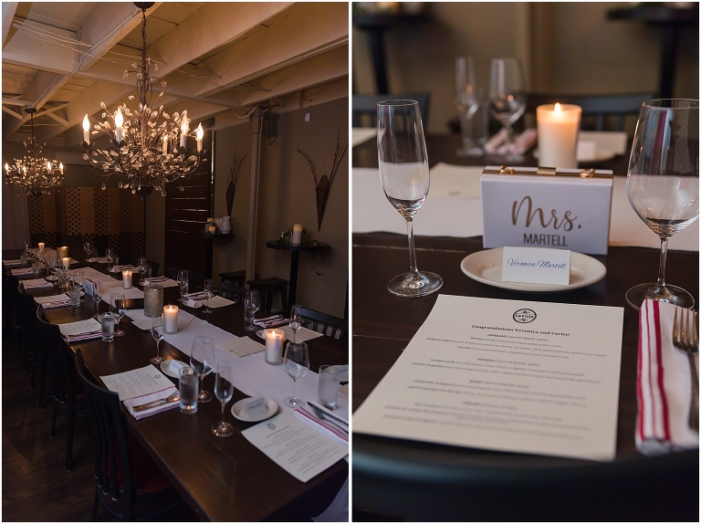The reception setup at Tavola restaurant in Charlottesville, Virginia with personalized name cards and menu for their dinner with their closest family after their sunset mountain elopement