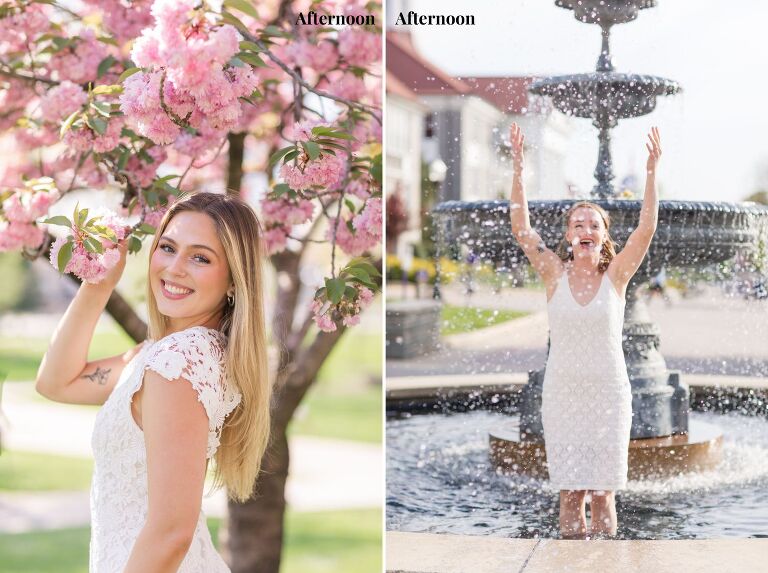 Morning vs afternoon JMU graduation portraits on the James Madison University campus in Virginia with a VA senior photographer