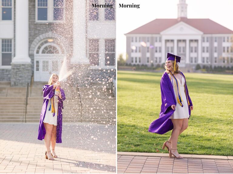 Morning vs afternoon JMU graduation portraits on the James Madison University campus in Virginia with a VA senior photographer
