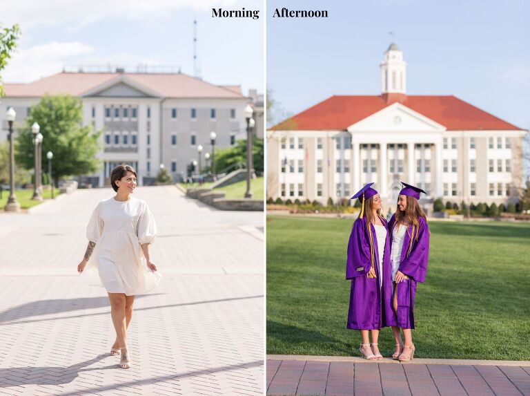Morning vs afternoon JMU graduation portraits on the James Madison University campus in Virginia with a VA senior photographer