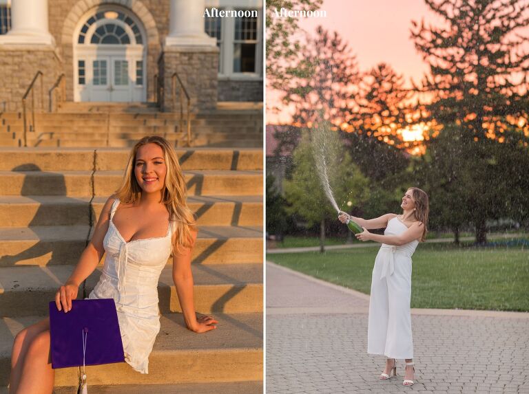 Morning vs afternoon JMU graduation portraits on the James Madison University campus in Virginia with a VA senior photographer