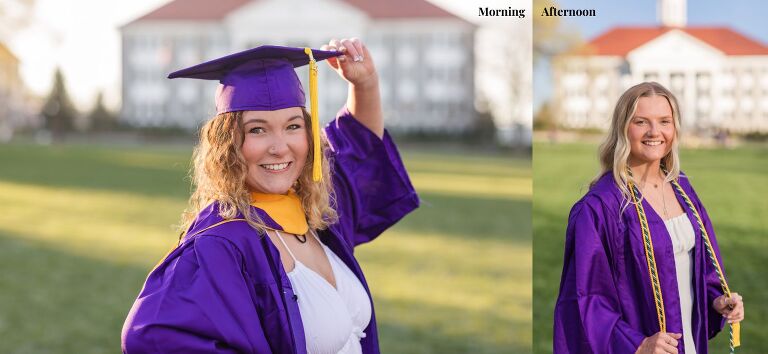 Morning vs afternoon JMU graduation portraits on the James Madison University campus in Virginia with a VA senior photographer